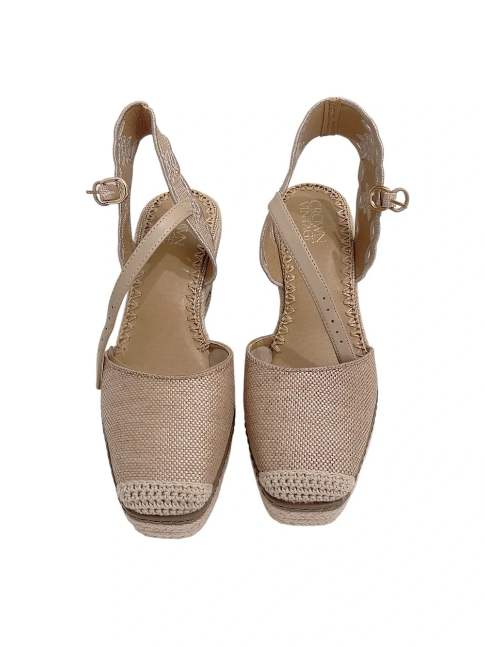 Crown Vintage 7.5 Narri Canvas Crochet Espadrille Platform Wedge Heel Sandals